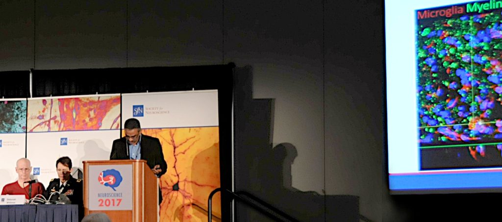 Shyam Gajavelli discusses the use of human neural stem cells in brain injury at a session on how military service can affect the brain. Photo: Truly Curious