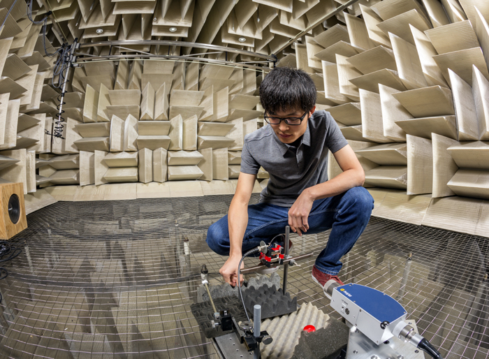 Graduate student Jian Zhou, Pic courtesy Ron Milesphotographed at the Anechoic Chamber in the Engineering and Science Building at the Innovative Technologies Complex, Tuesday, June 14, 2016.