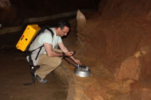 Giuseppe Etiope measures methane flux in a cave in Kentucky