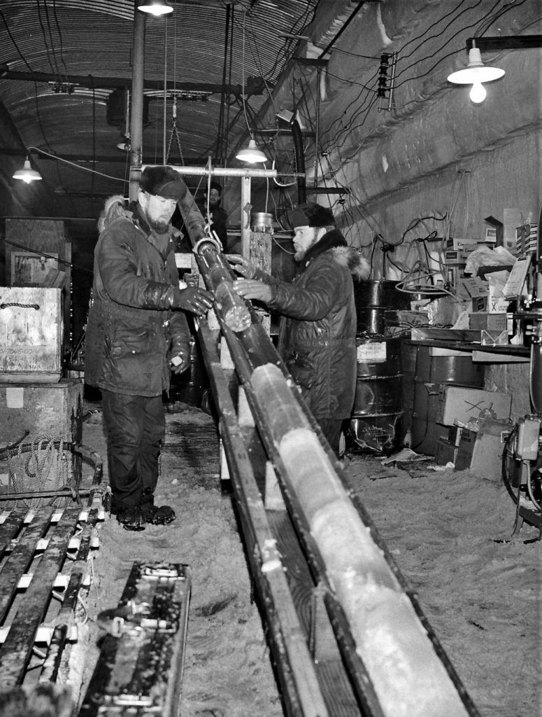 Engineers drawing up an ice core in Greenland in 1966