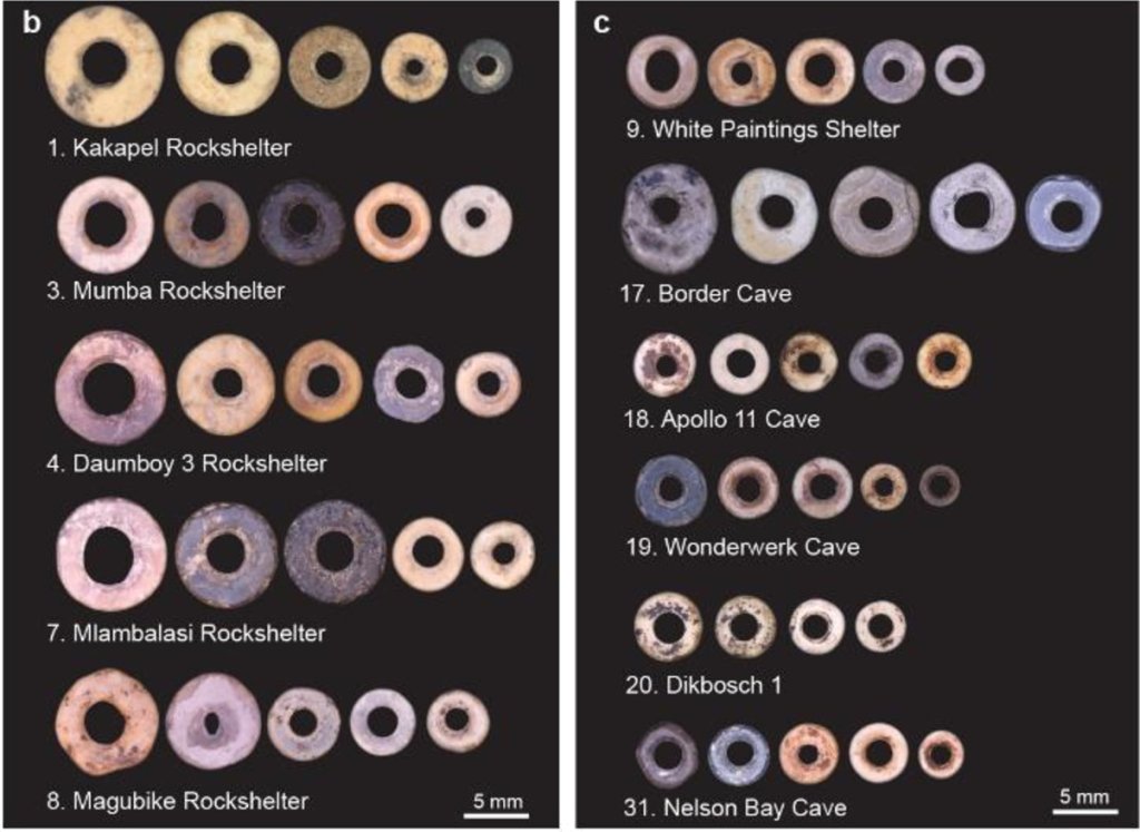 Examples of ostrich beads found in eastern (b) and southern (c) Africa.