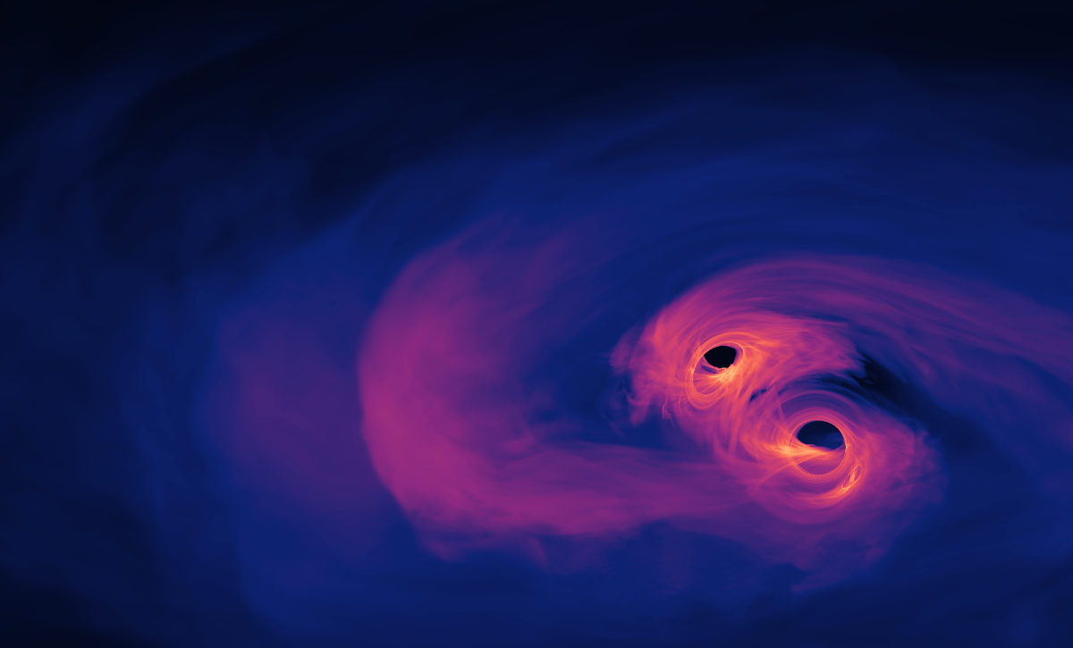 Spiralling supermassive black holes. Image: NASA's Goddard Space Flight Center/Scott Noble; simulation data, d'Ascoli et al. 2018