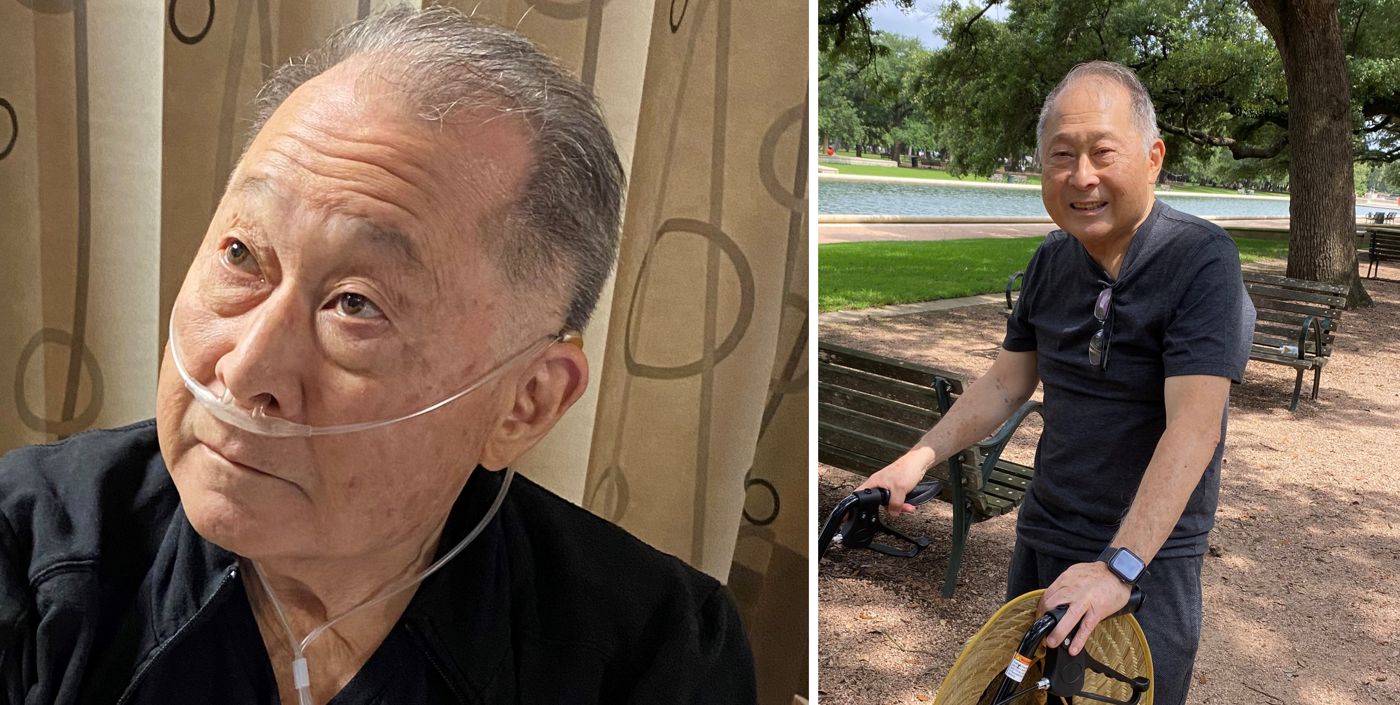Two photos side by side. Left, Ken Muneoka indoors with an oxygen tube, looking upward. Right, the same man smiling in a park, holding a walker and a straw hat.