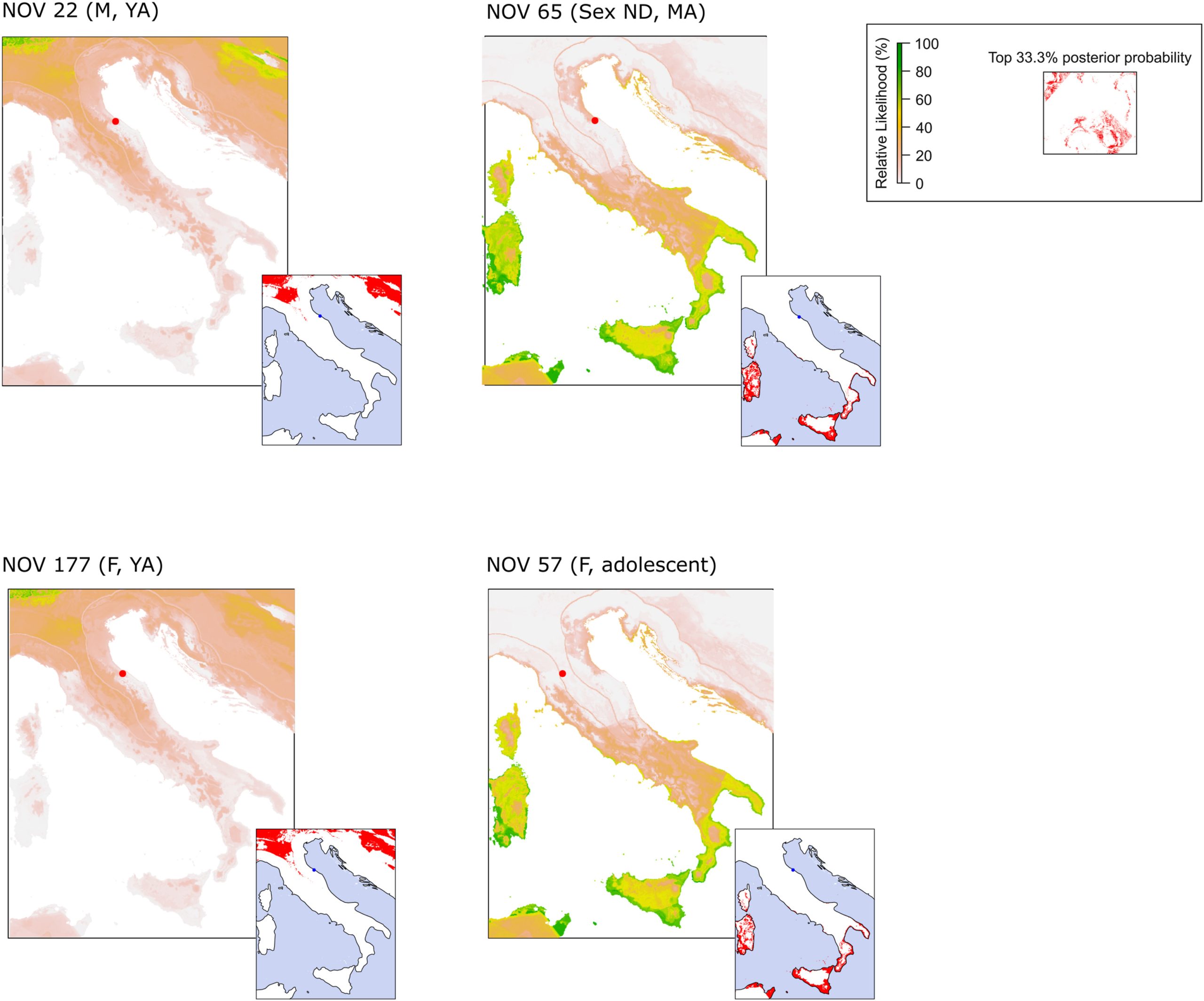 Four maps of Italy, one per individual, shaded green where that person's sulfur isotope values are most likely to have originated, each with a smaller inset map